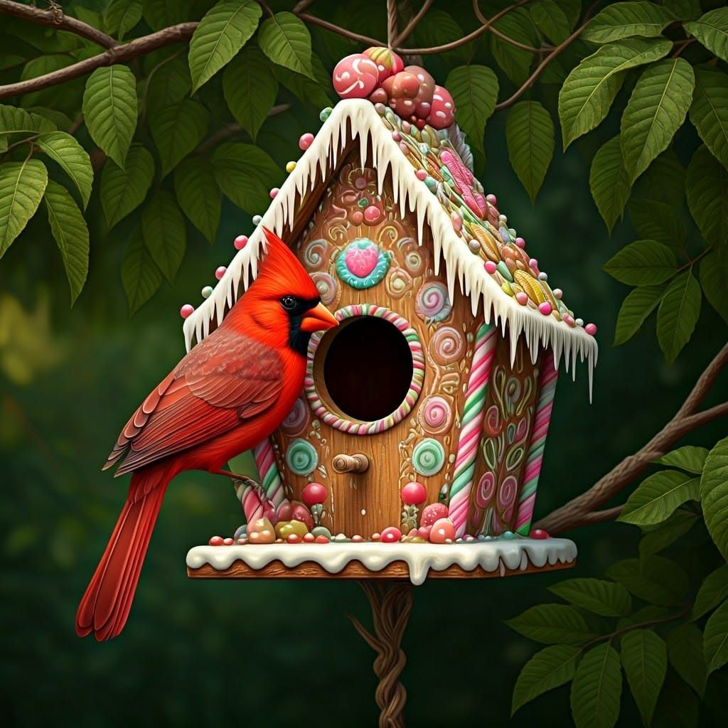 Cardinal in Ornate Gingerbread Birdhouse Illustration