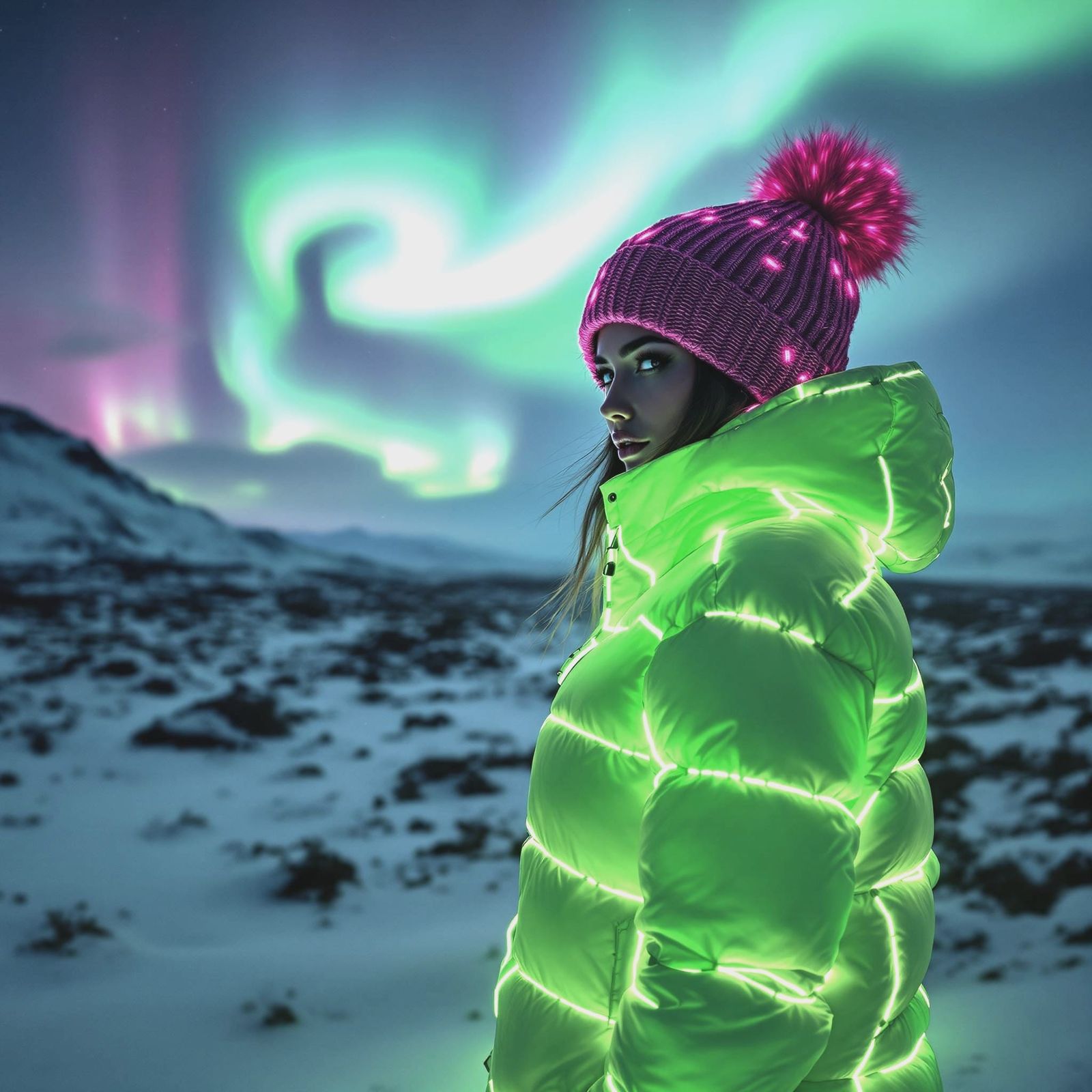 Iceland Aurora Illuminates Woman in Neon Puffer Jacket