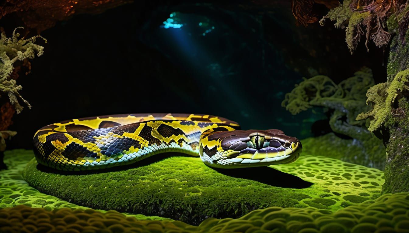 Regal Python in Enchanted Cave with Glowing Moss and Biolumi...