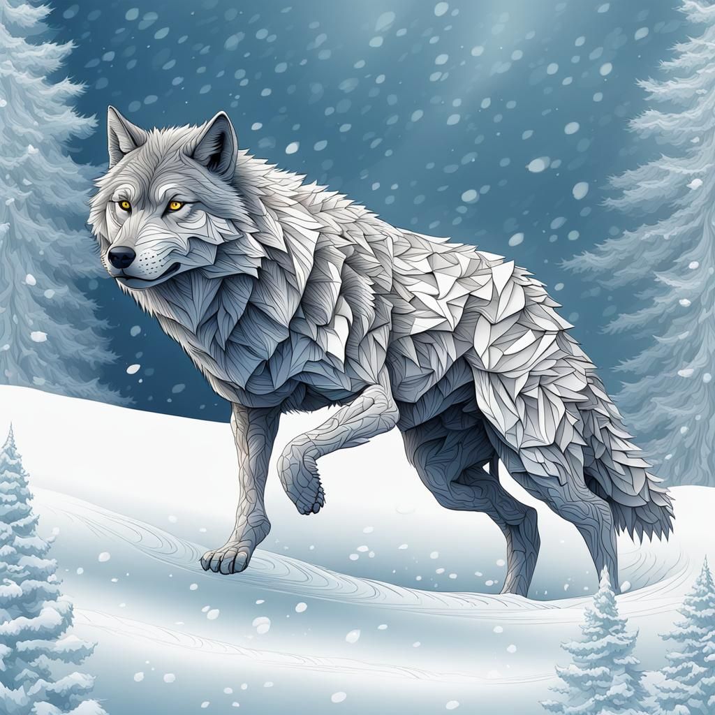 Wolf in Snowy Winter Scene, Created in Abstract Vector Style