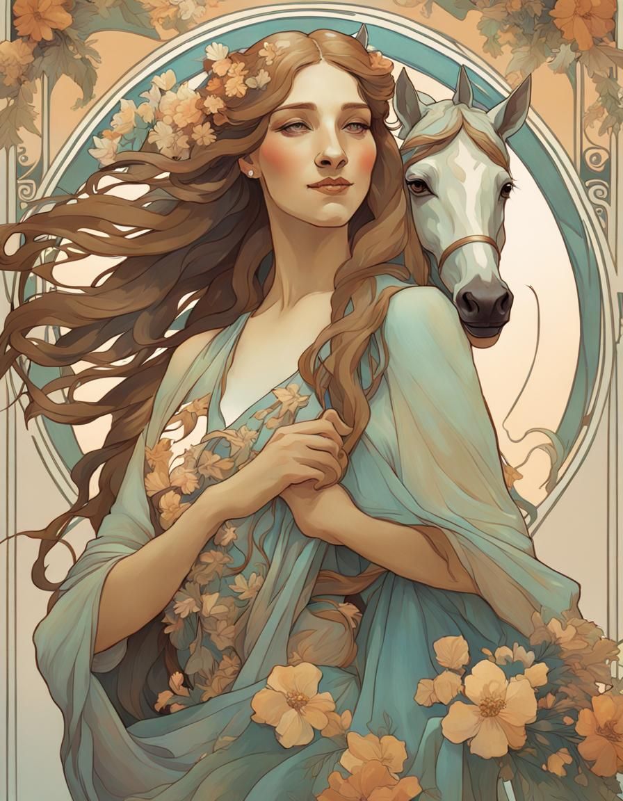 Elegant Art Deco Goddess on Horseback in Pastel Colors