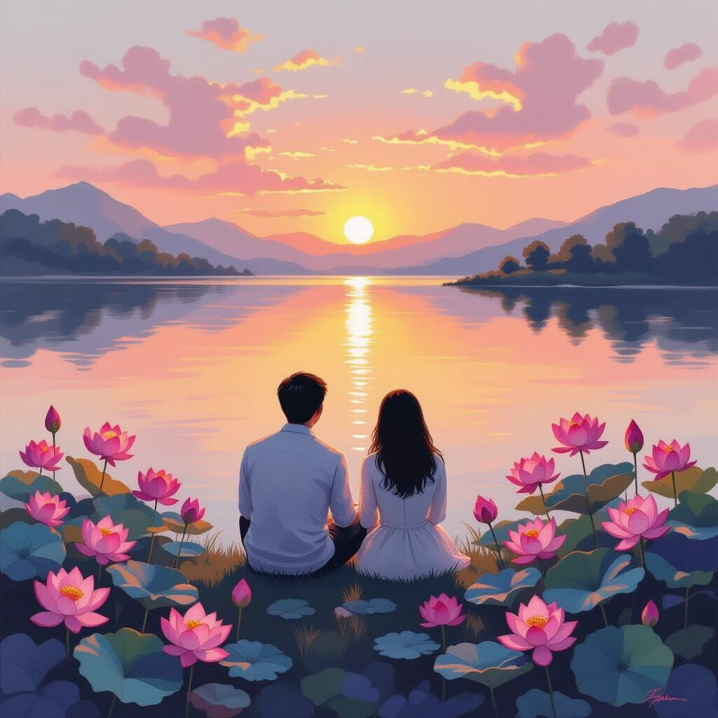 Couple's Sunset Serenity by a Lotus Lake