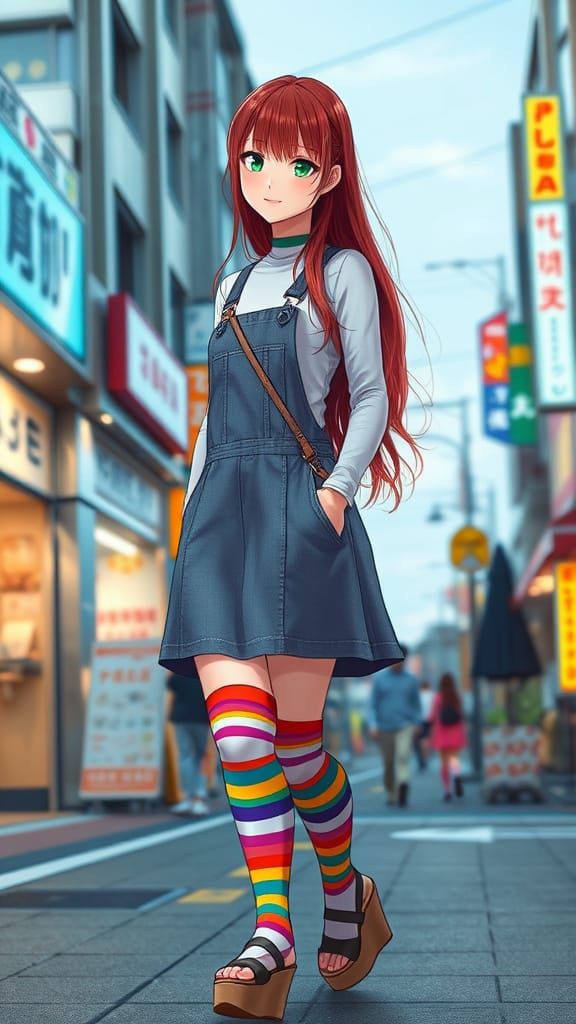 Charming Japanese Girl Strolls Harajuku in Colorful Attire