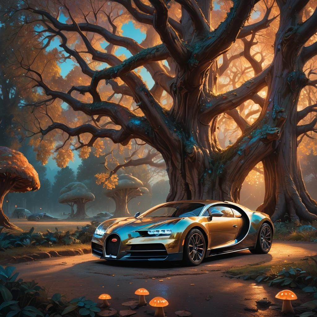 Ethereal Bugatti Amidst Ancient Foliage in Vibrant Oil Paint...