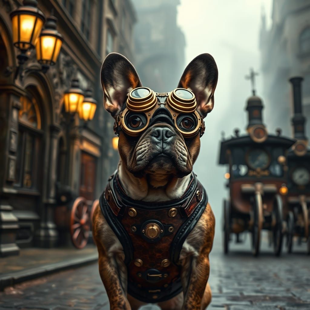 Steampunk French Bulldog in Atmospheric Victorian Scene