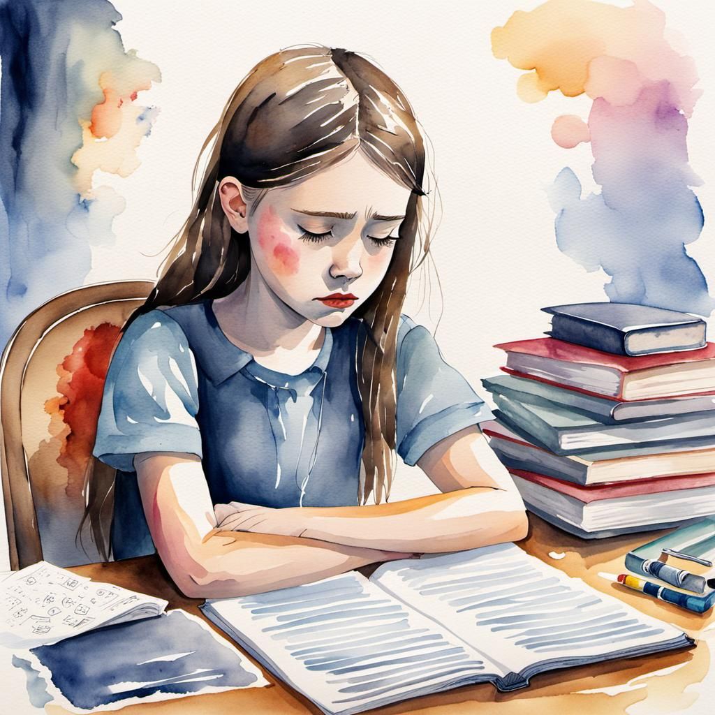 A Lonely Watercolor Portrait of a Bored Young Girl