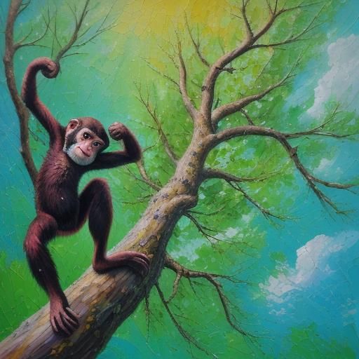 Big-Eyed Monkeys in Forest, Neo-Impressionist Oil Painting