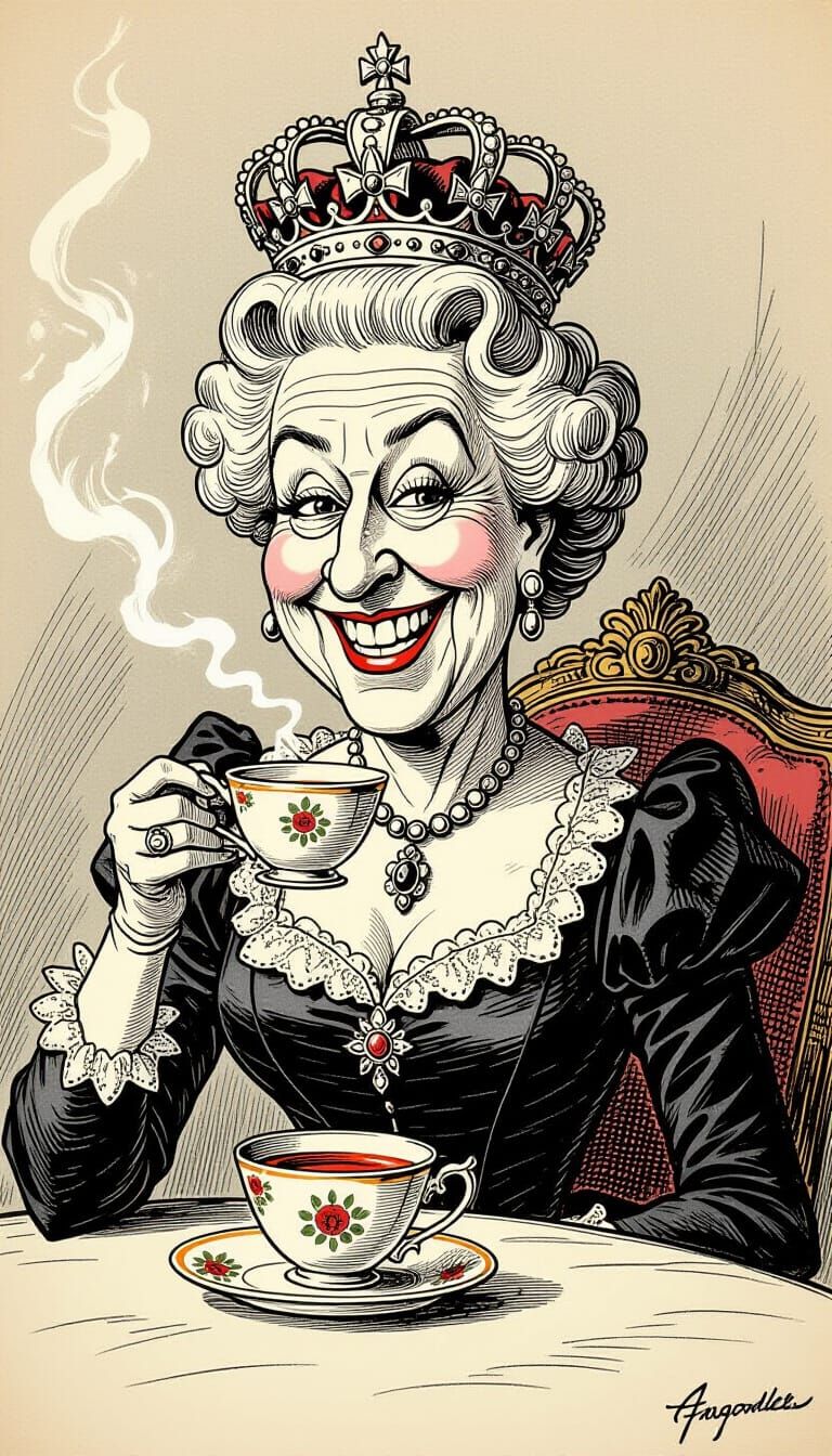 Caricature of Queen Elizabeth Drinking Tea, Daumier Style