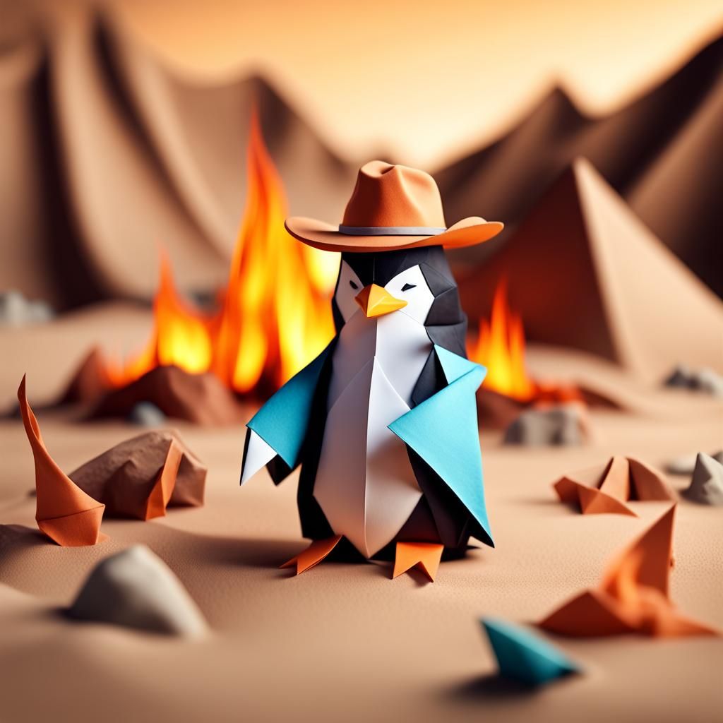 Cowboy Penguin Sits by Desert Campfire