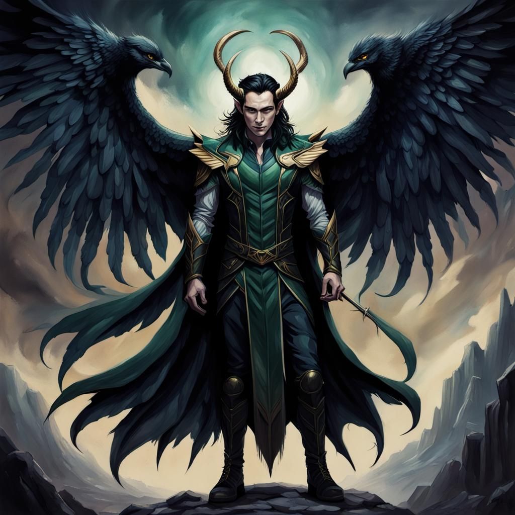Loki with Dark Wings, Fantasy Illustration in Deep Colors