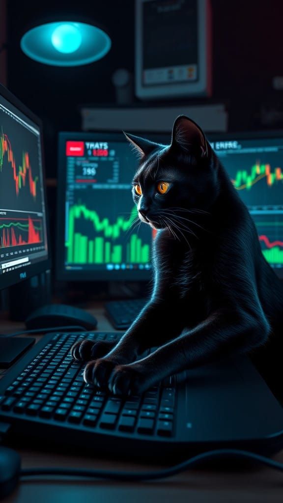 Frustrated Trader Cat in Futuristic Noir Style