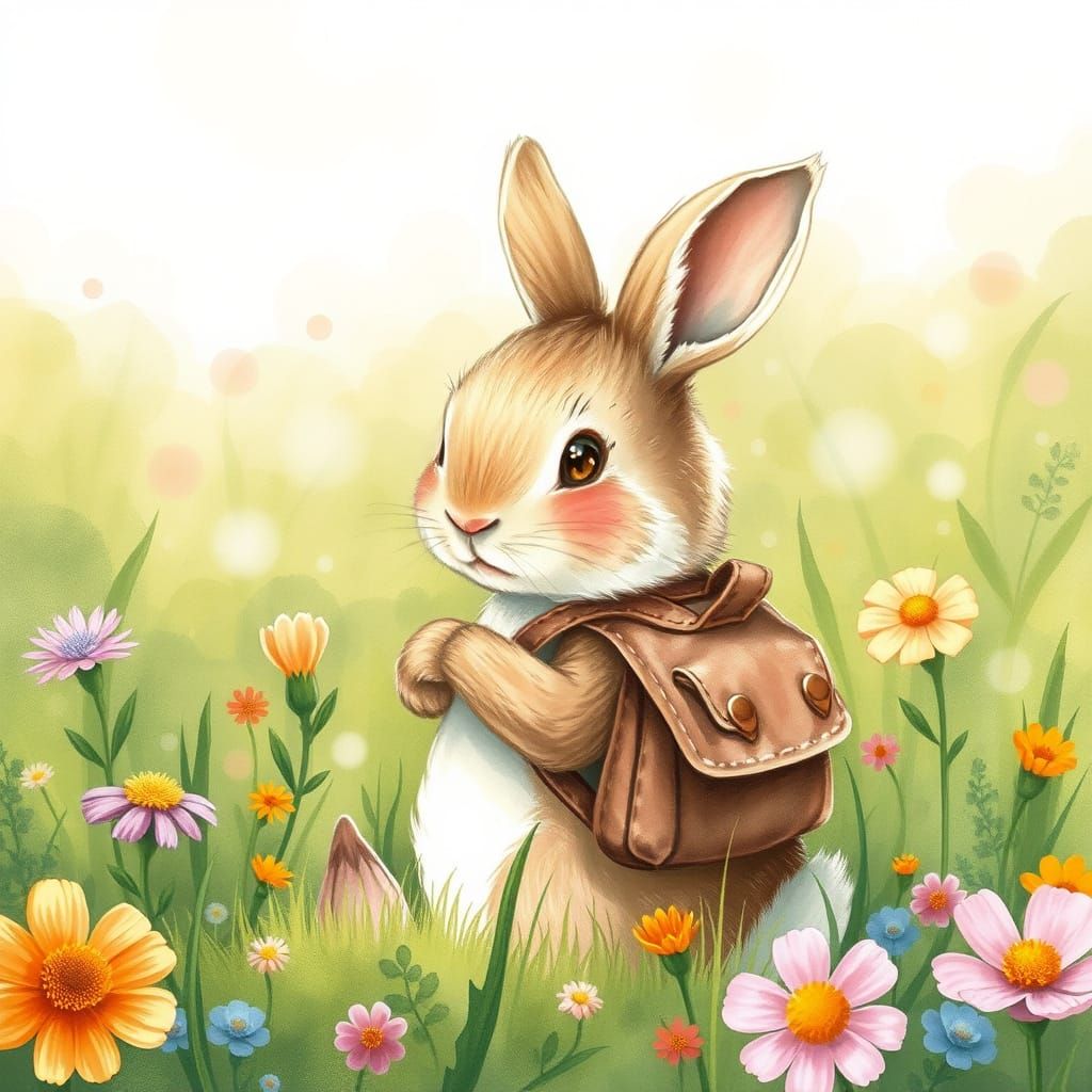 Rabbit with Backpack in Wildflower Meadow