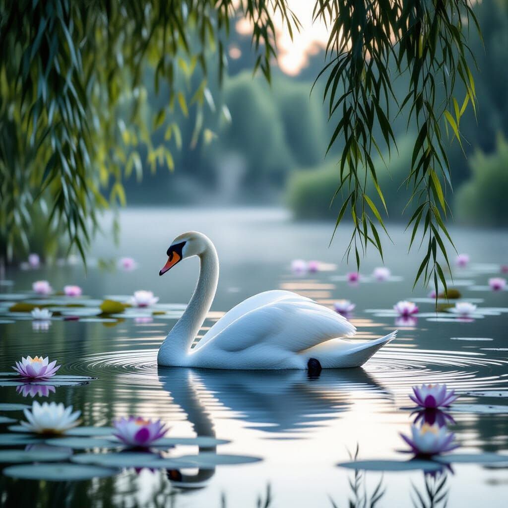 White Swan on Calm Twilight Lake with Willow Trees