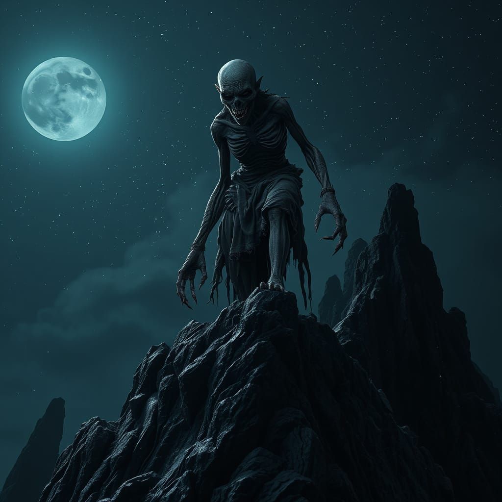 Ghoul Amidst Celestial Tapestry in Dark Gothic Digital Art