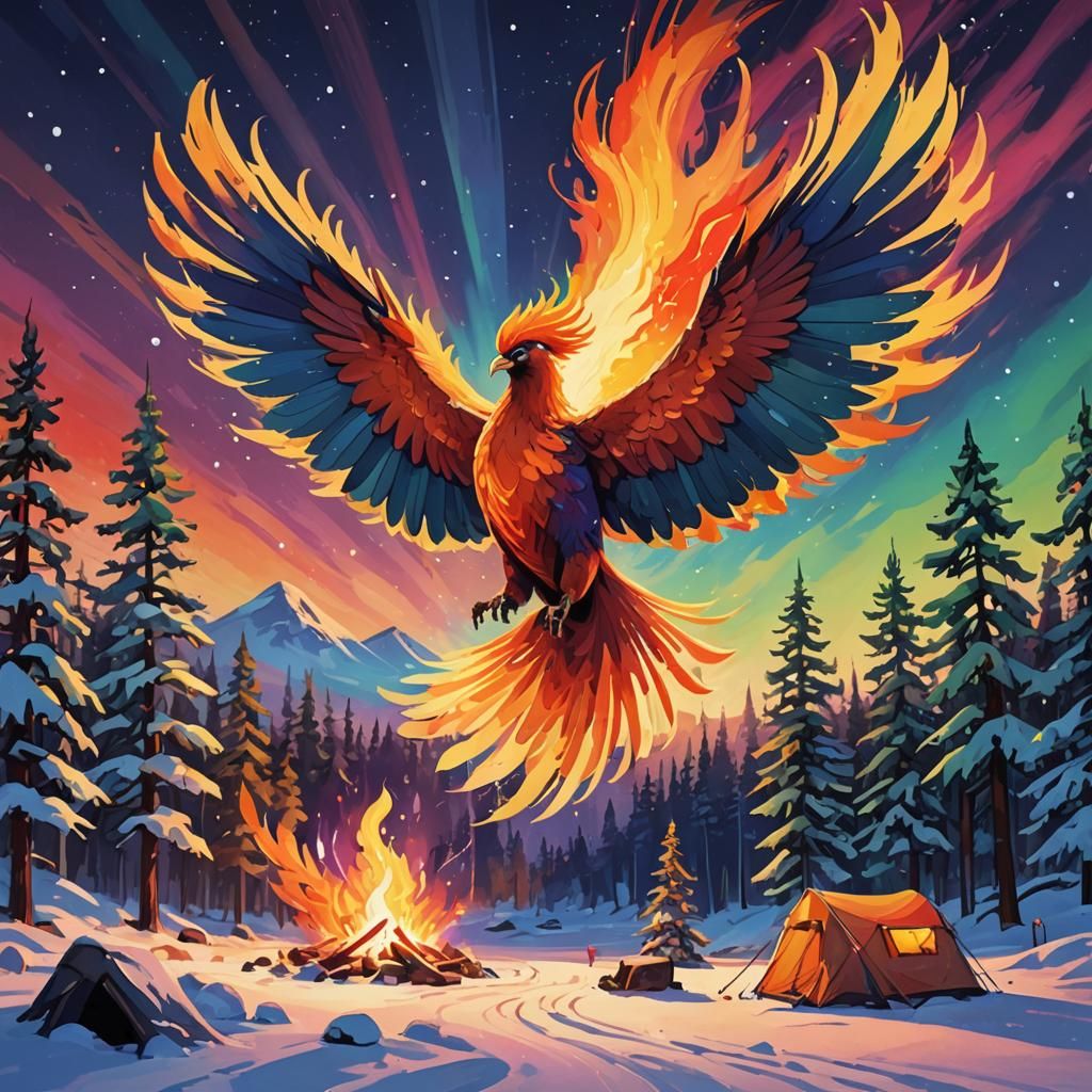 Phoenix Soars Over Winter Campsite in Vibrant Fauvist Colors