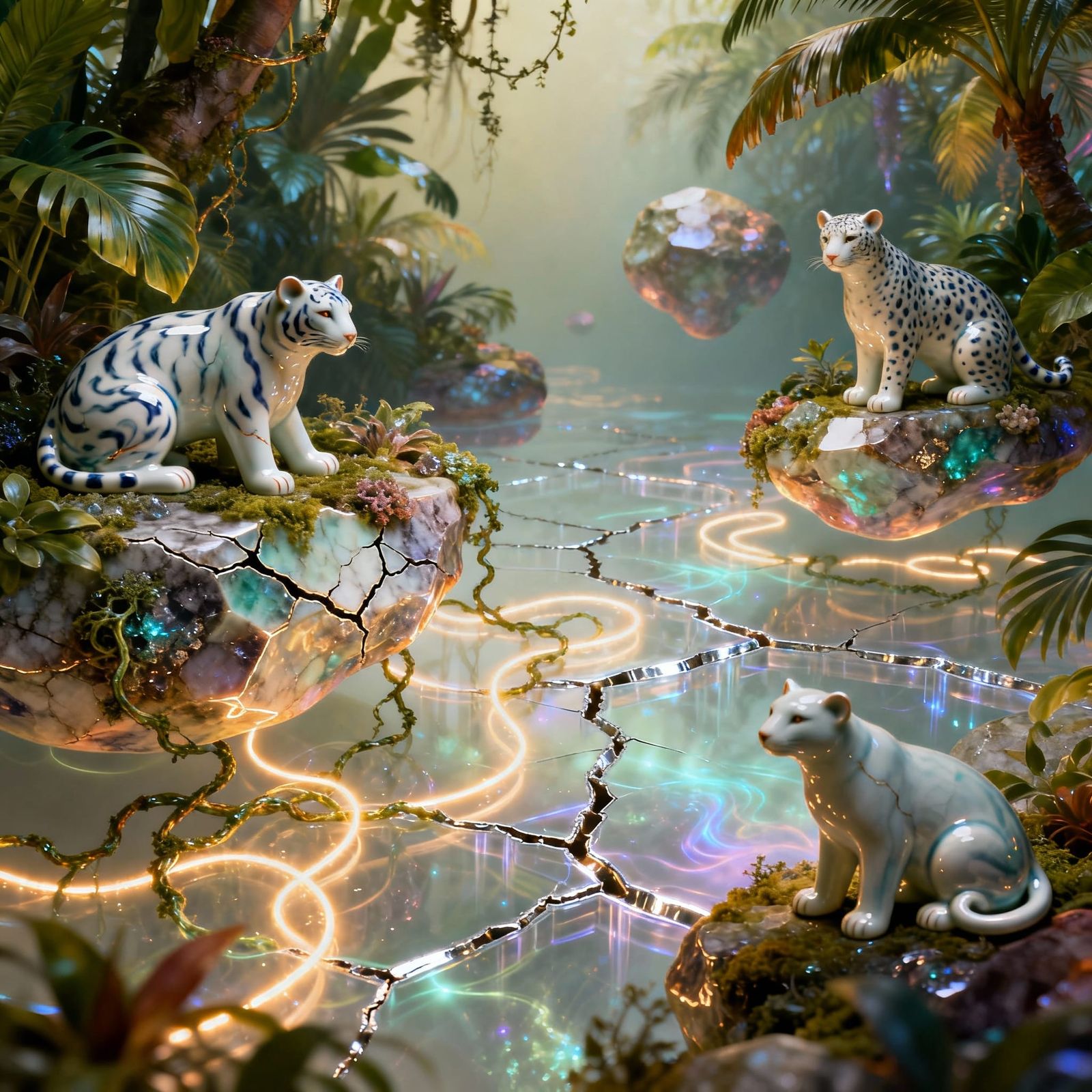 A hyper-detailed surreal scene of a lush tropical jungle filled with animals with a softly fractured porcelain surface, ...