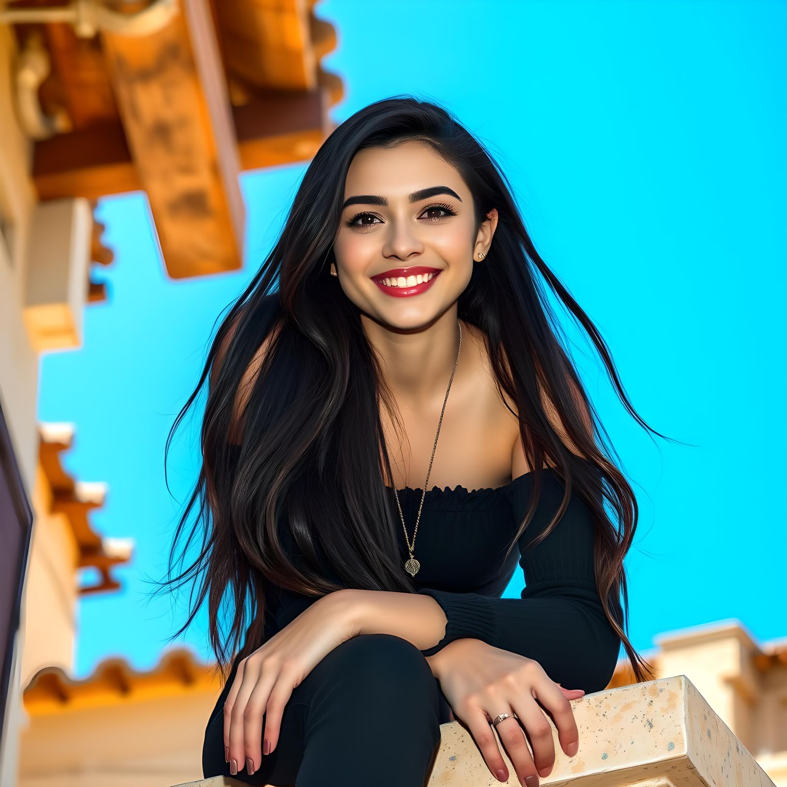 Young Woman Sits in Rustic Elegance, Captured in Cinematic S...