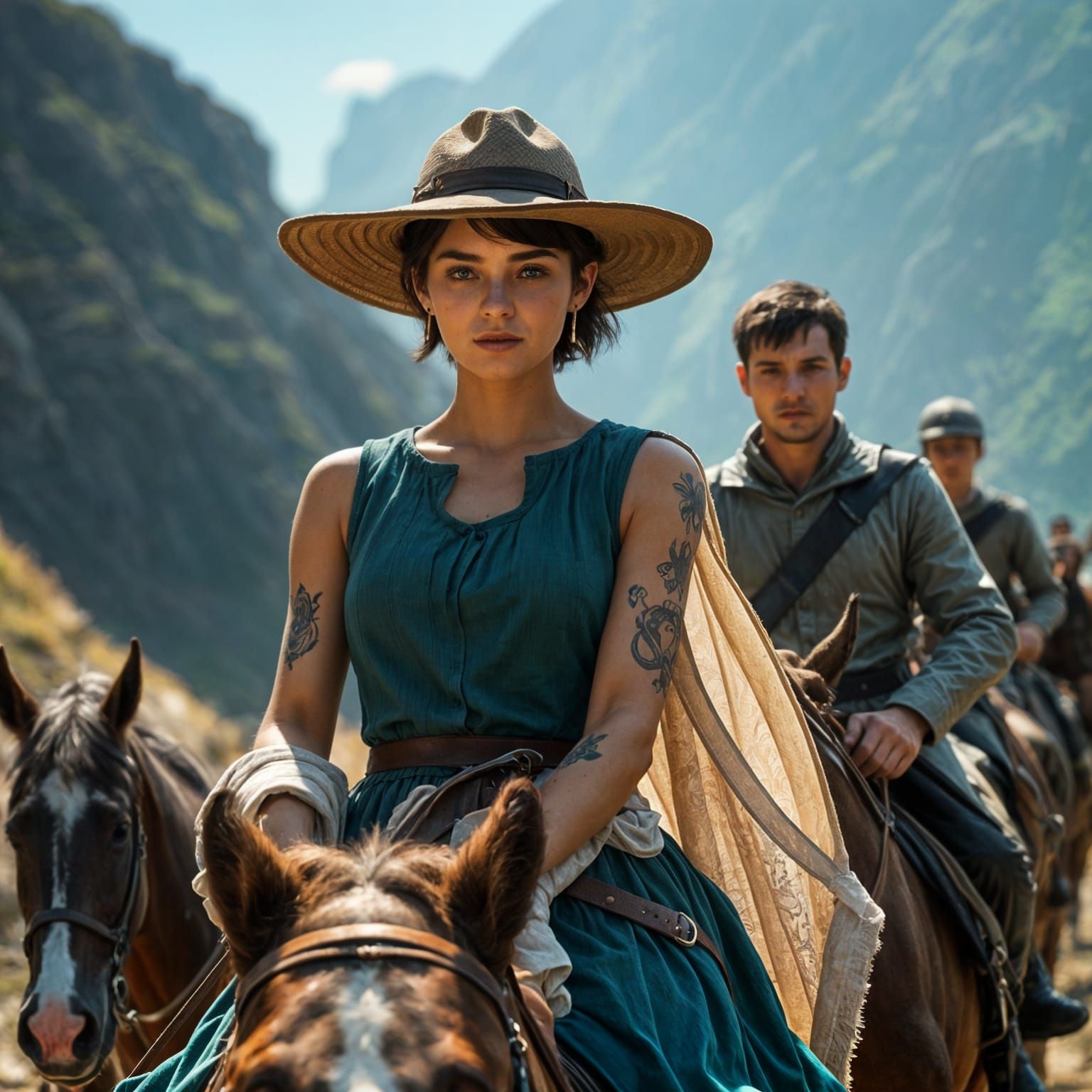 Young Woman Rides Down Mountain Path on Horseback in Teal Dr...