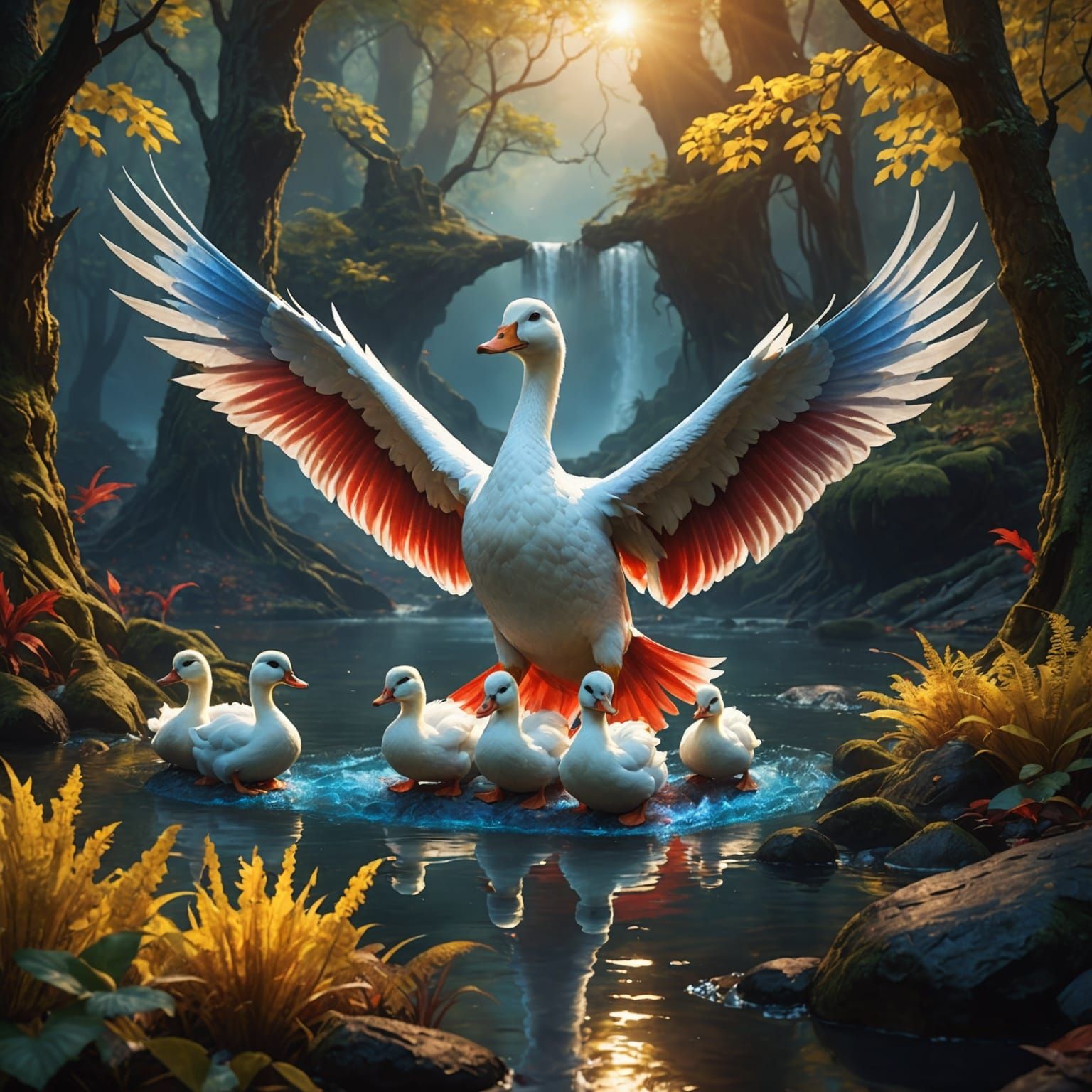 Mystical White Dragon Duck Family Unfolds Radiant Energy Ami...