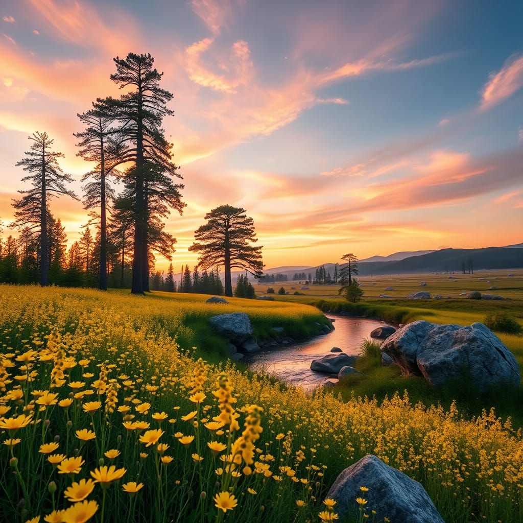 Golden Sunset Landscape with Vibrant Wildflowers and Towerin...
