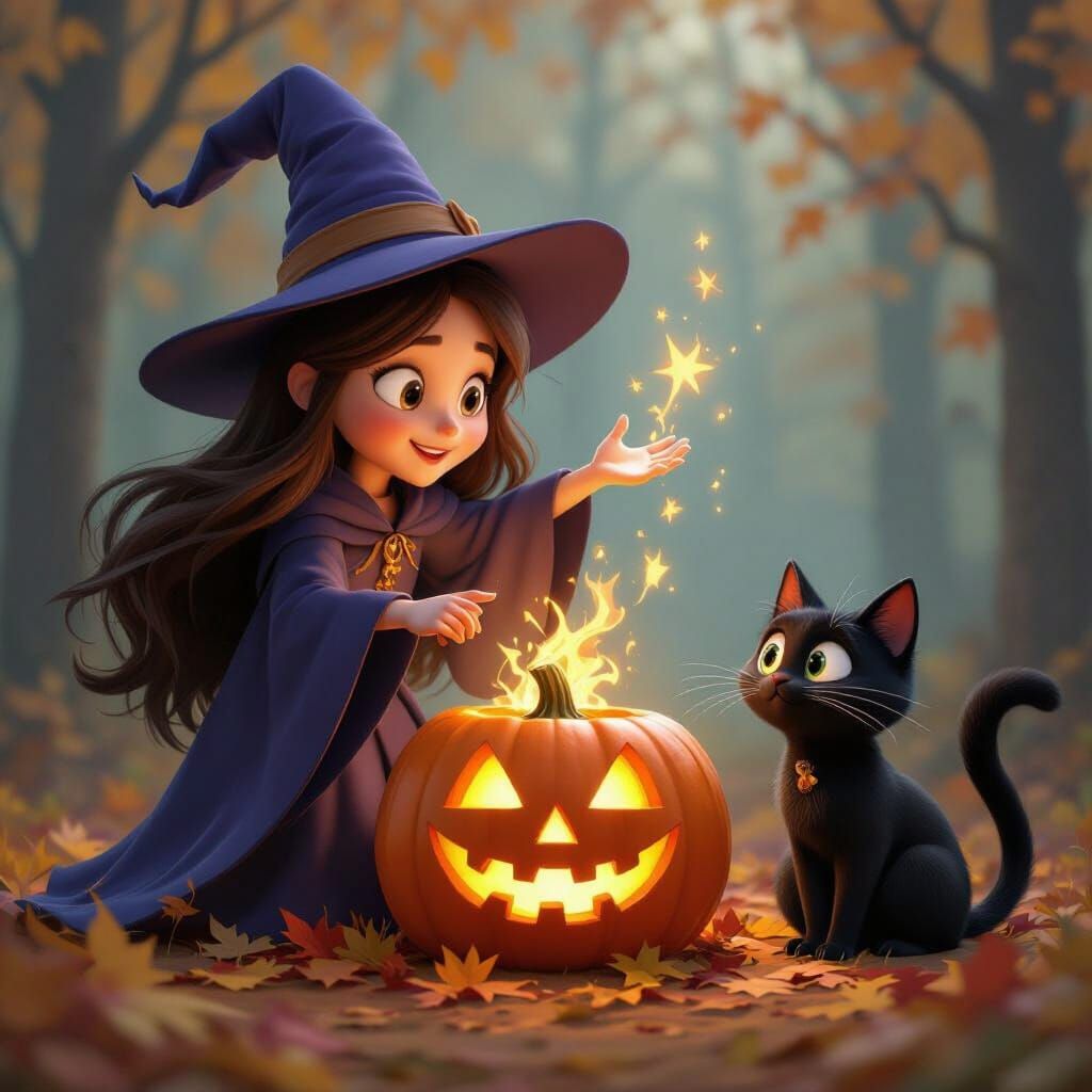Wizard Girl Animates Jack O'Lantern in Autumn Woods