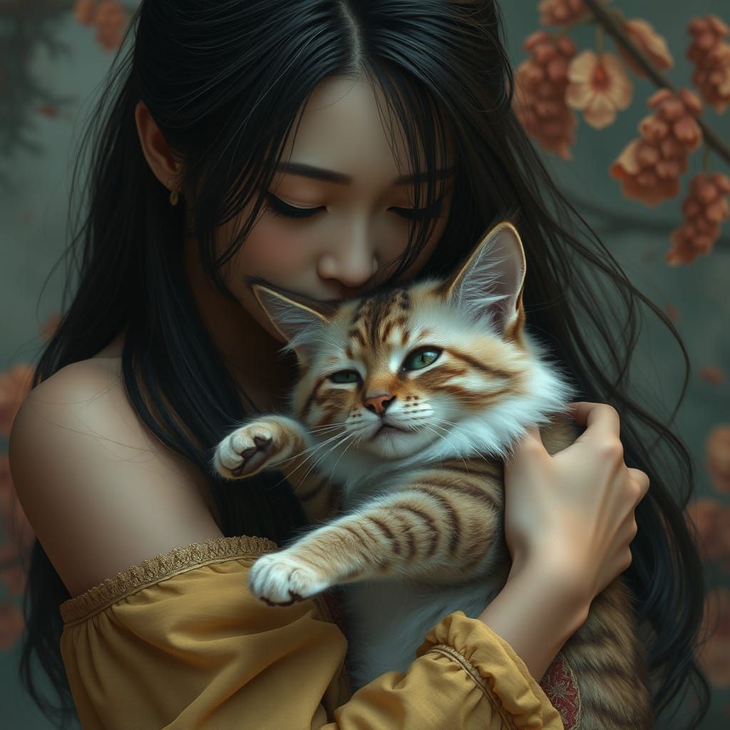 Ethereal Chinese Woman Embraces Ragdoll Cat in Surreal Fanta...