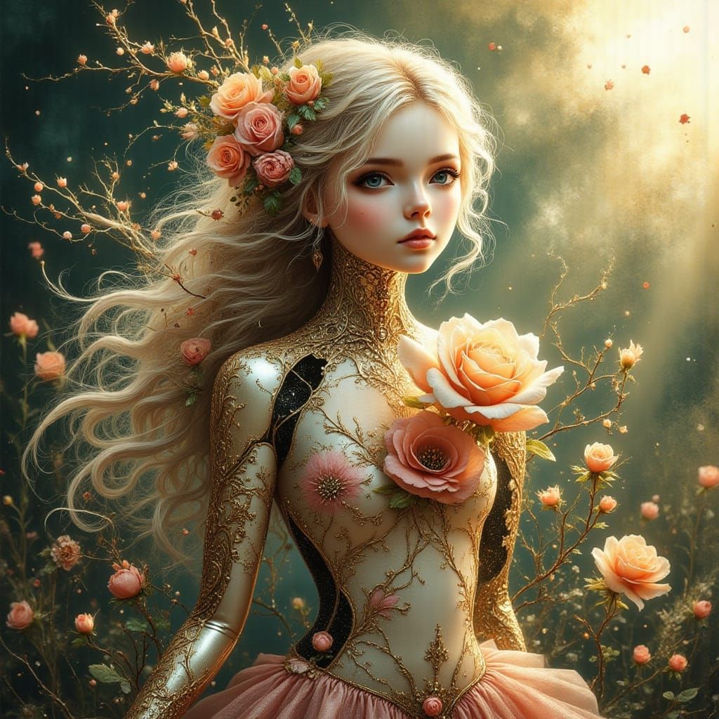 Nymph Cyborg Robot with Floral Metal Body