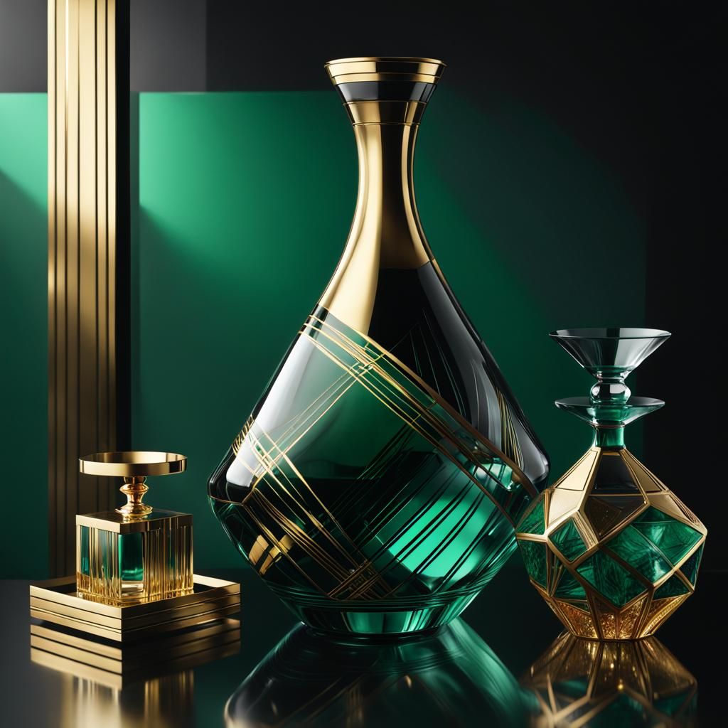 Luxurious Art Deco Glass Masterpiece with Emerald Green Acce...