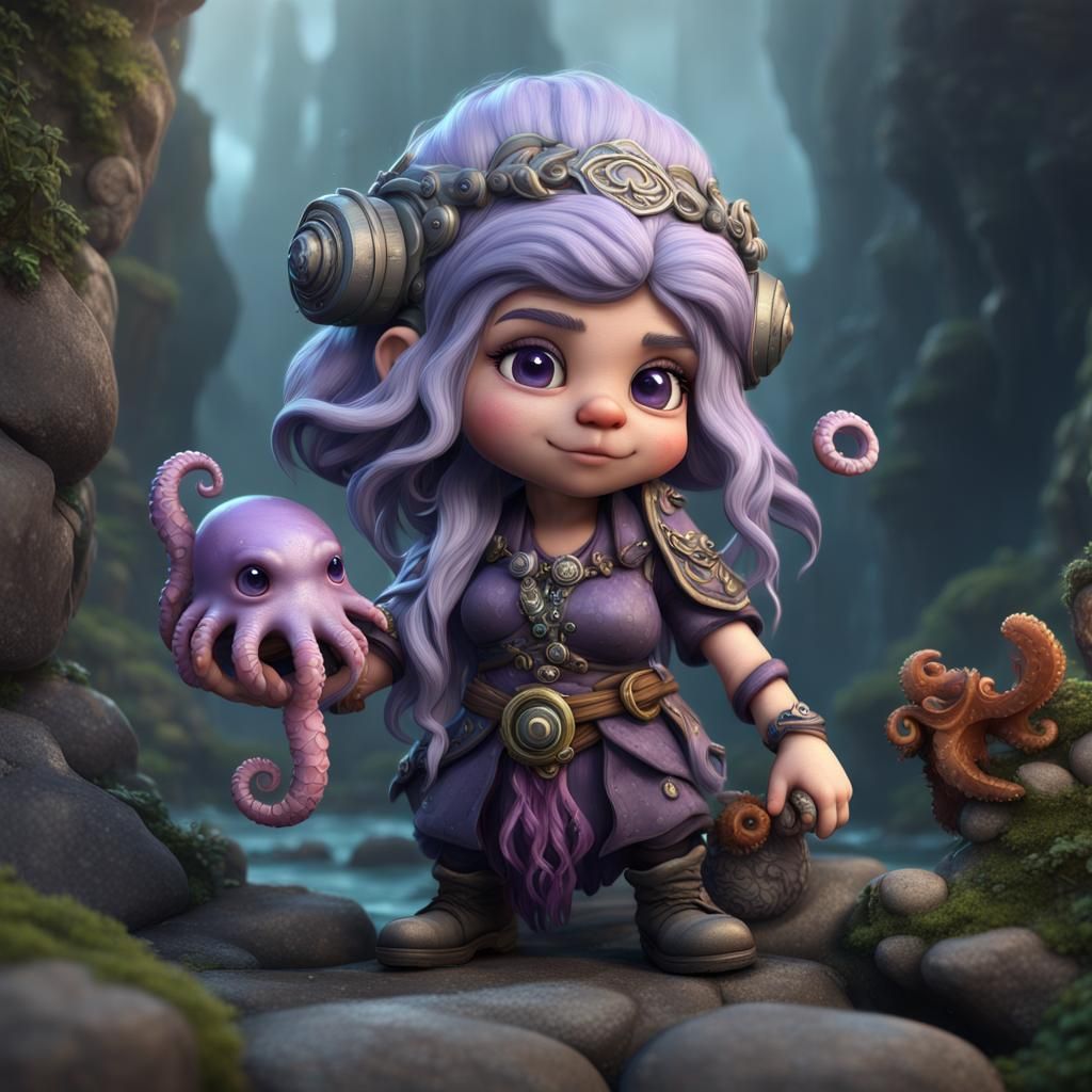 Rock Gnome Bardess with Pet Octopus in Fantastical Landscape