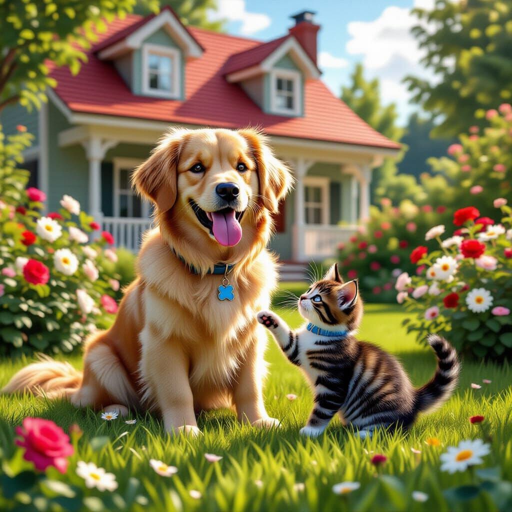 In this charming, whimsical illustration, a large, happy Gol...