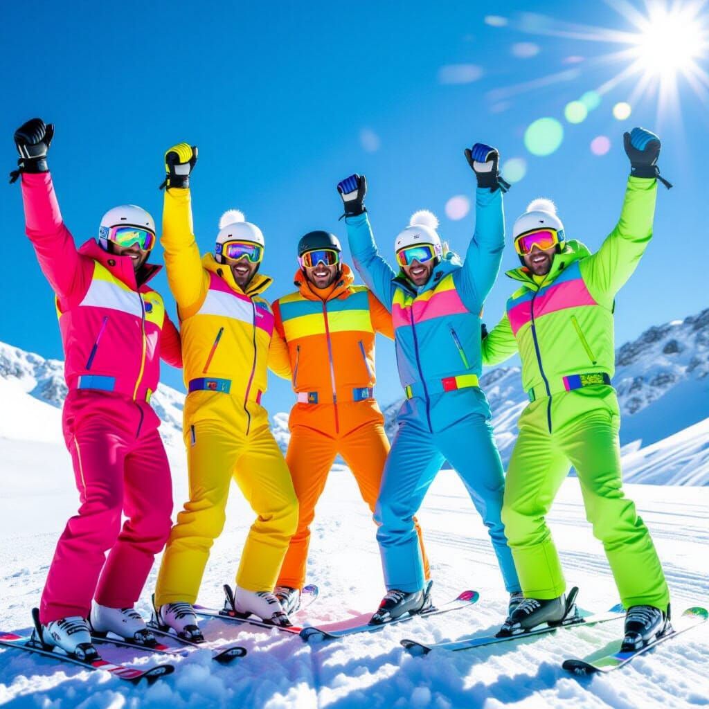 Joyful Skiers in 1980s Neon Suits Flexing on Slope