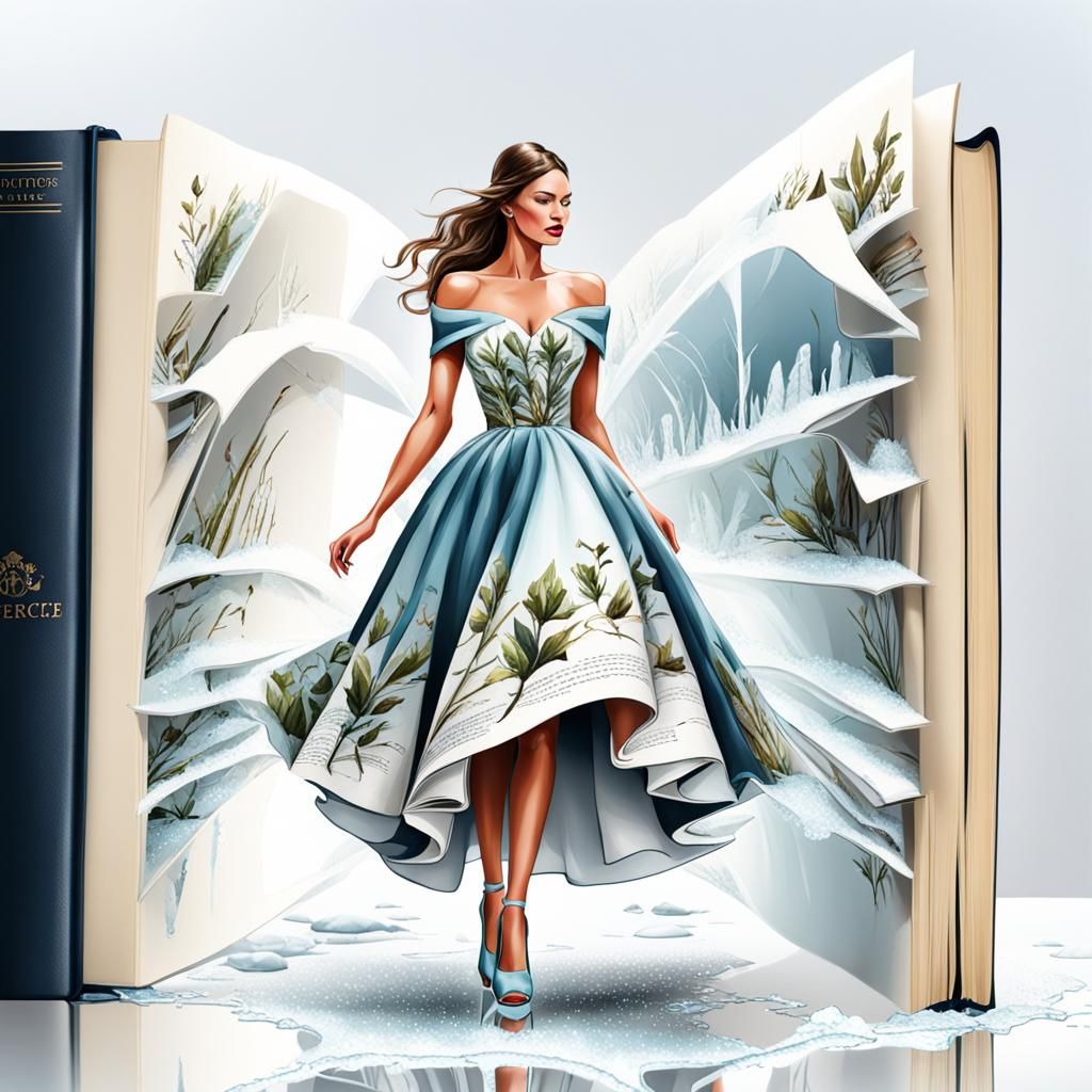 Elegant Woman Emerges from a Frozen Book in Haute Couture St...