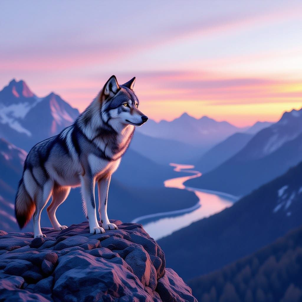 Majestic Wolf at Dawn in Serene Mountain Valley