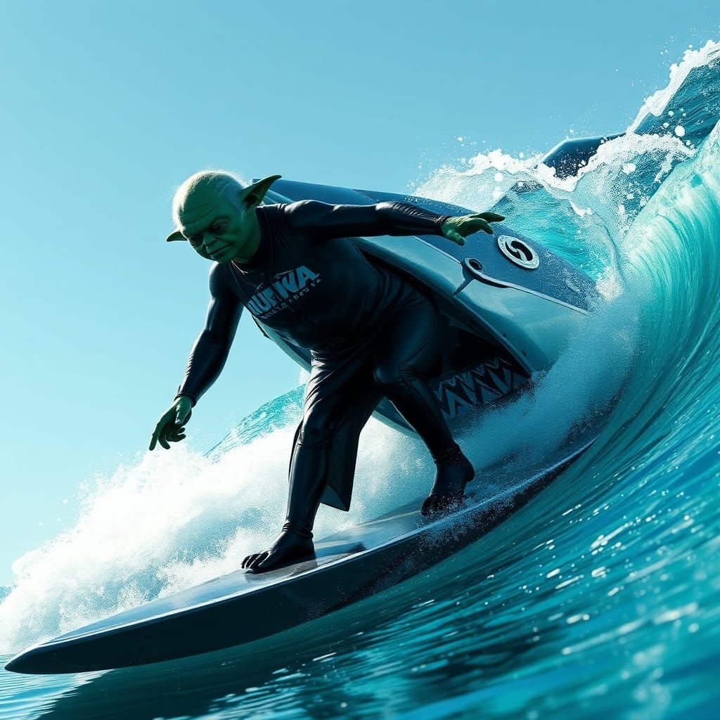 Surreal Futuristic Yoda Rides Crystal Clear Wave with Mech S...