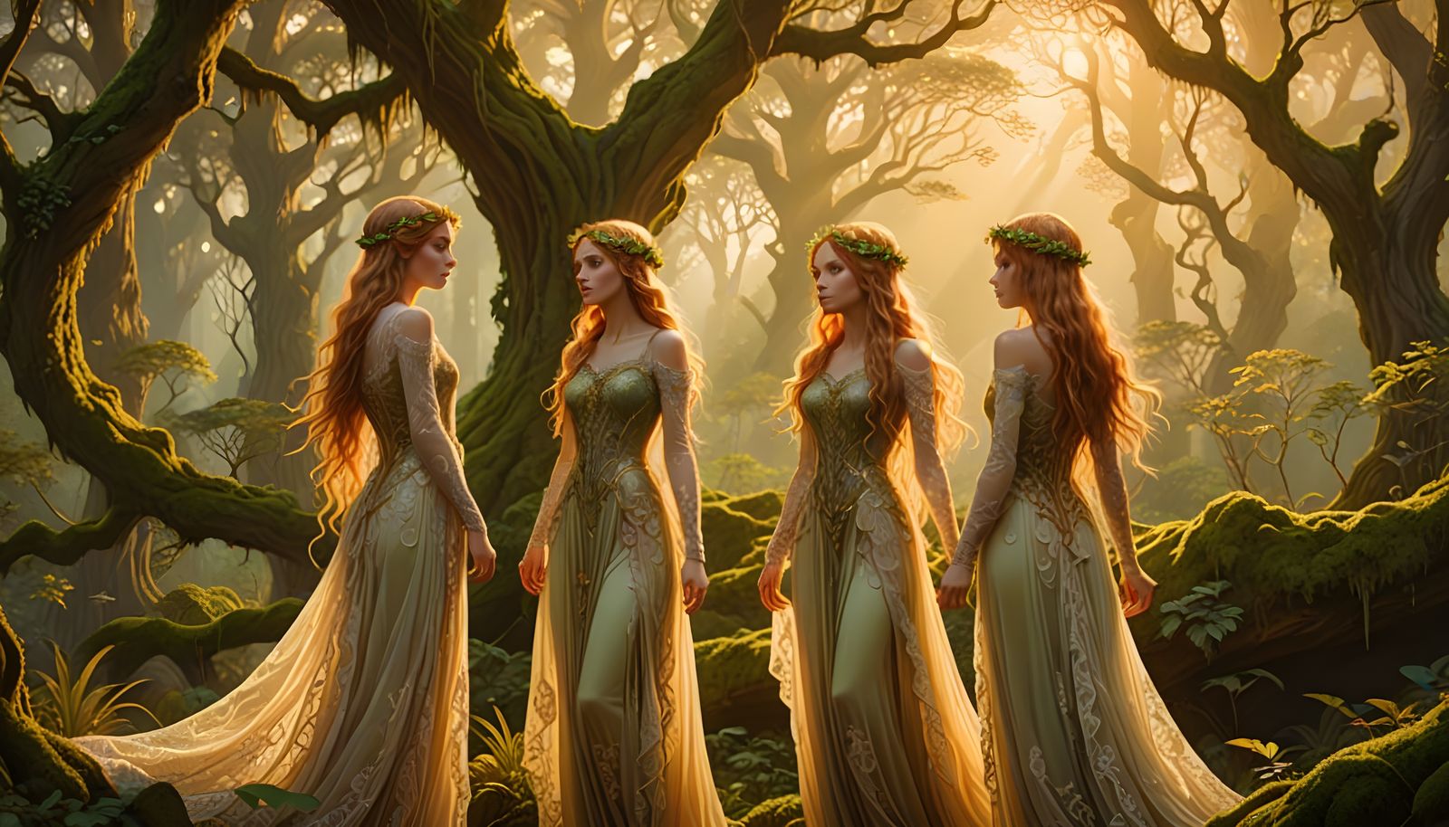Four Elf Maidens in Lace Amidst Sunlit Forest