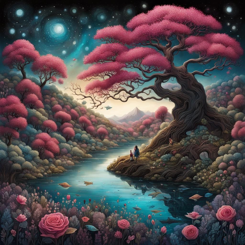 Vibrant Liquid Ink Illustration of Whimsical Glittery Landsc...