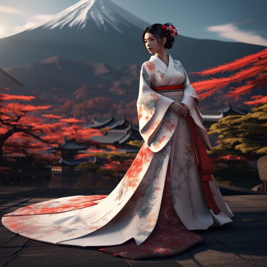 Japanese Wedding Kimono with Mount Fuji in Vibrant Splendor
