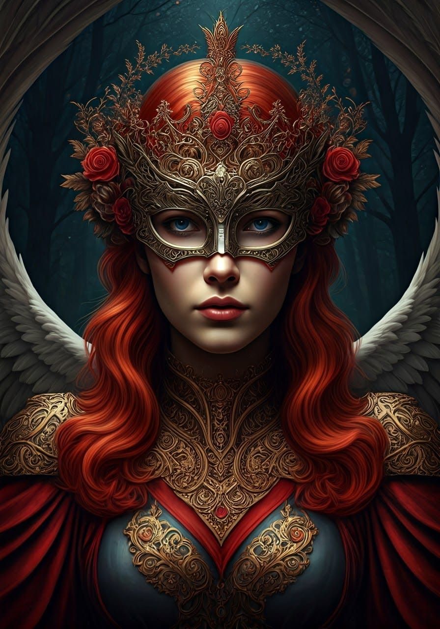 Ethereal Baroque Angel Princess in Iron Mask, Set Against a ...