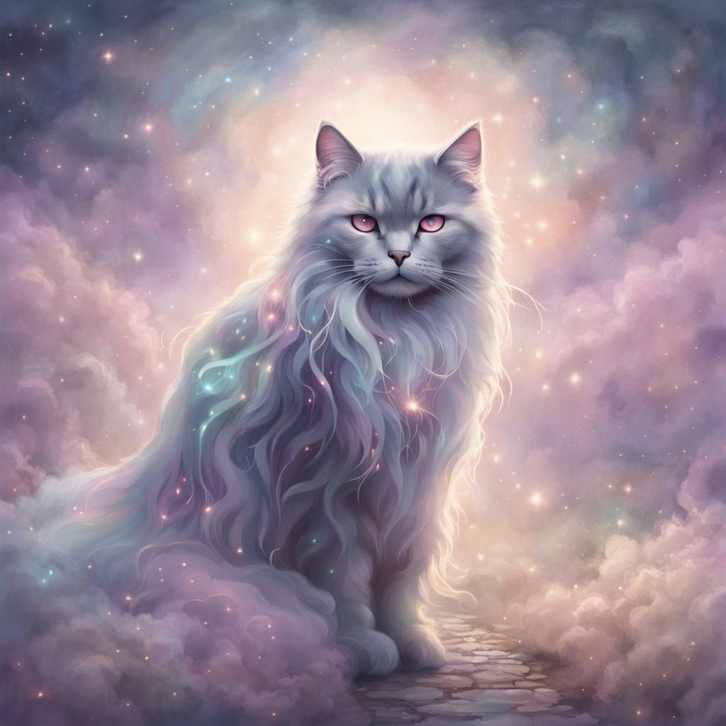Ethereal Cat Spirit Strolls in Whimsical Fantasy Attire