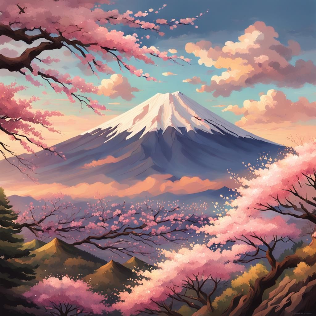 Surreal Mt Fuji Blooms Amidst Cherry Blossoms in Hyperrealis...