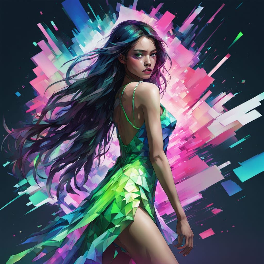 Elegant Woman in Cyberpunk Glitch Art