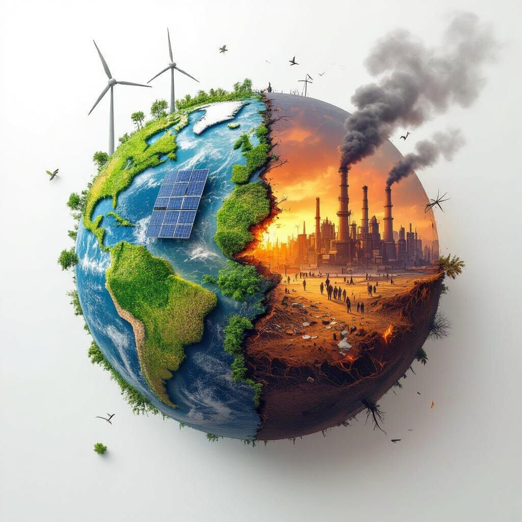 Earth Split: Green Future vs. Polluted Past Poster