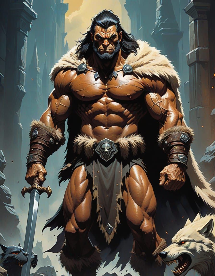 Wolf-Cloaked Barbarian in Action Painting Style