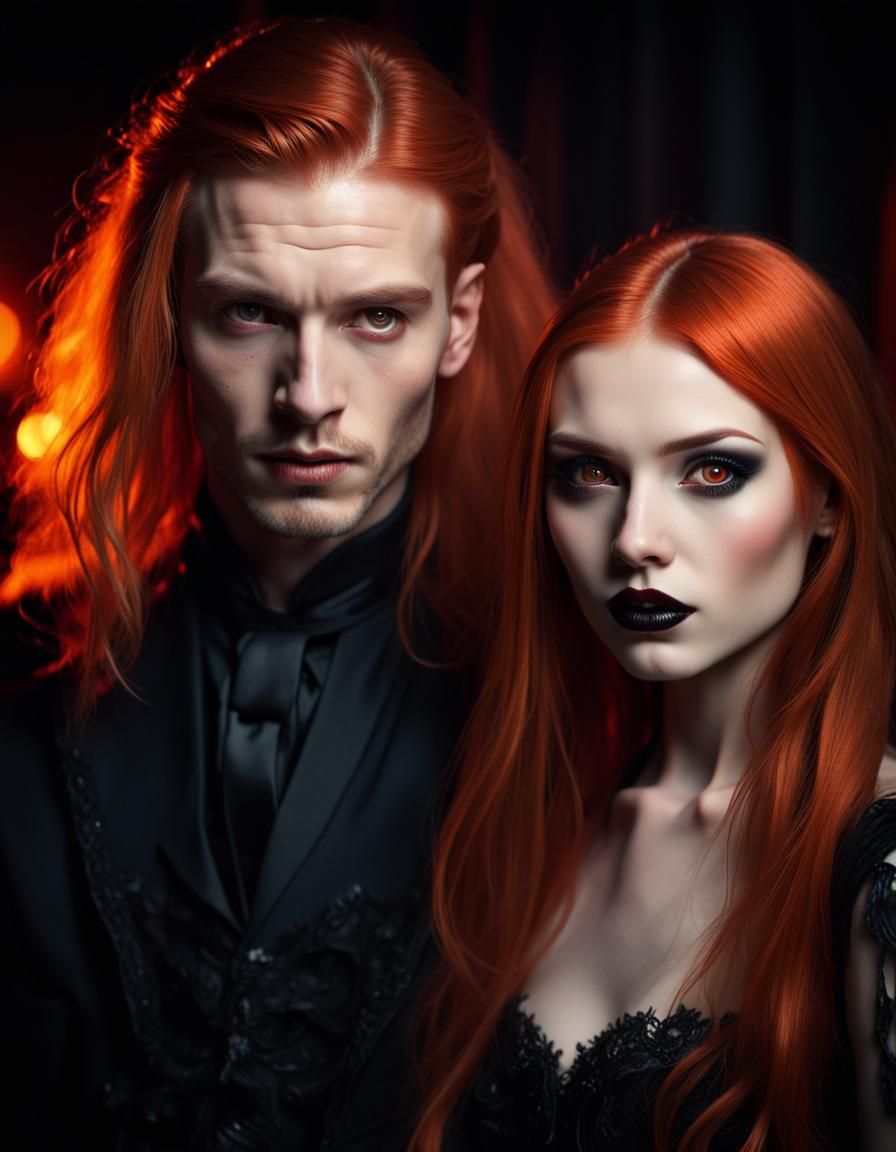 Hyperreal photography portrait half/body of atrattive man with perfect face and young beautiful Vampire woman with orang...