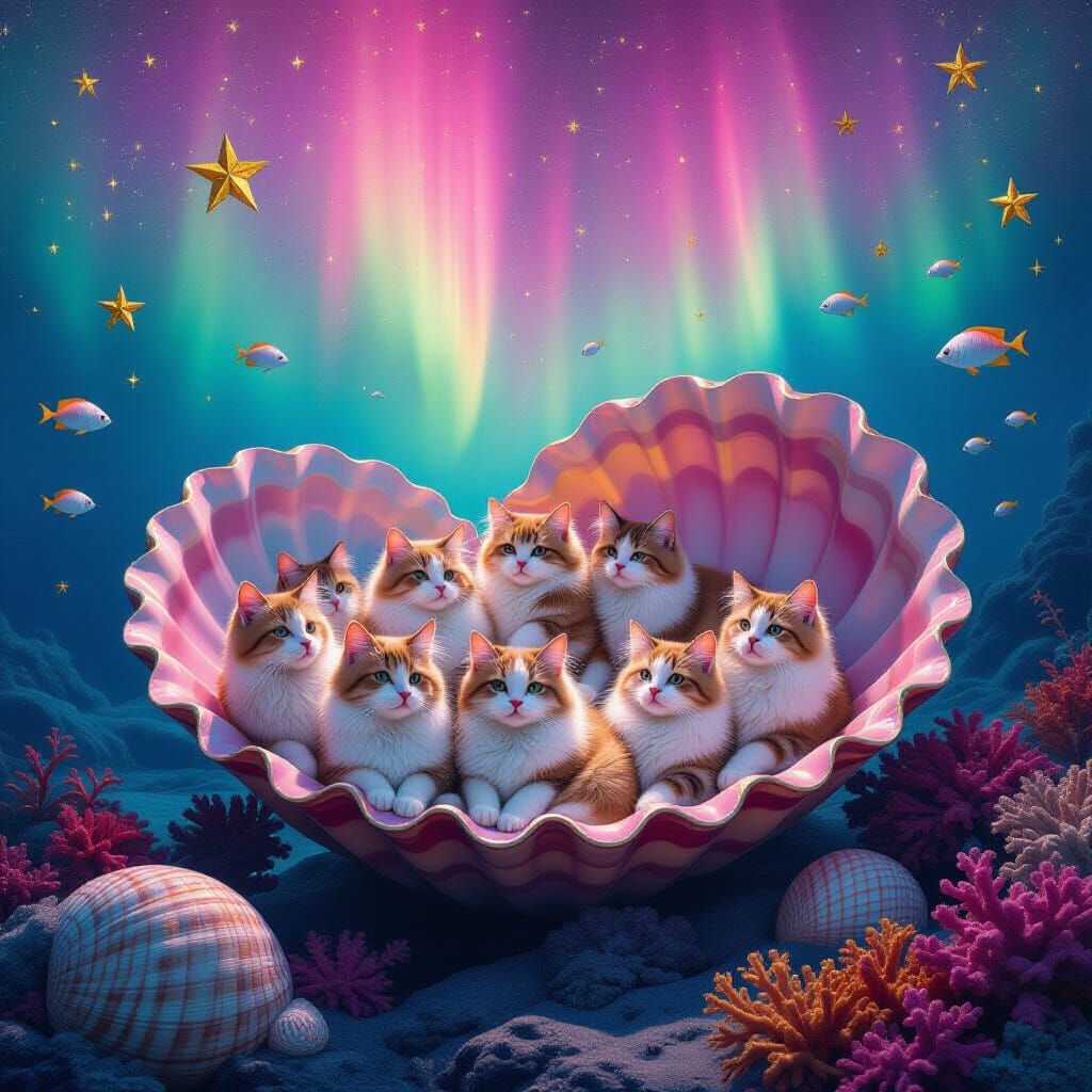 Cats in Seashells Under Aurora Borealis, Klimt Style