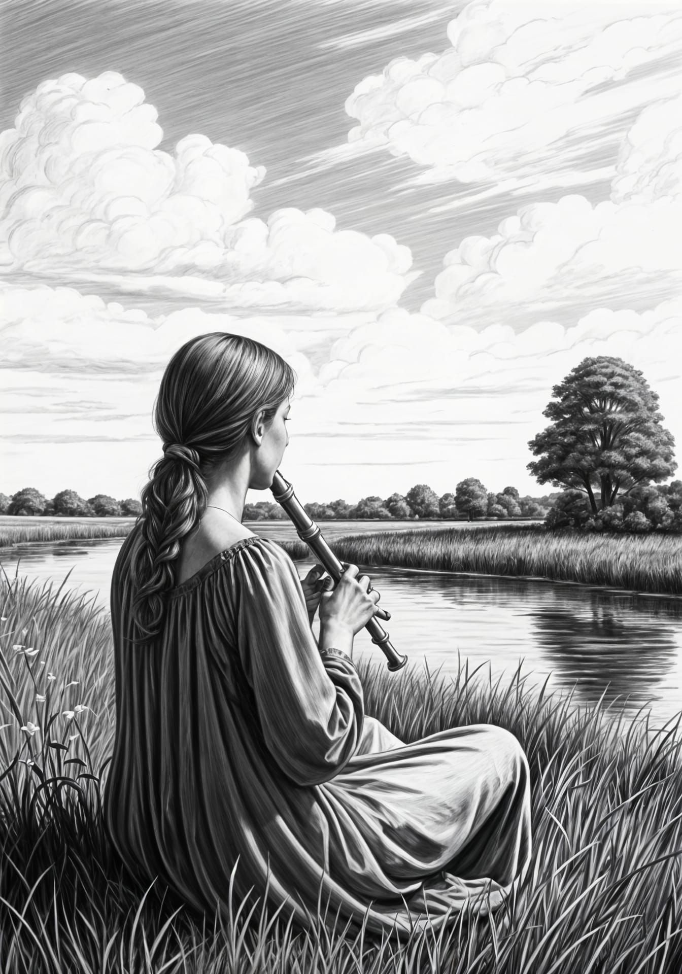 Charcoal Woman Playing Recorder by River, Classical Art
