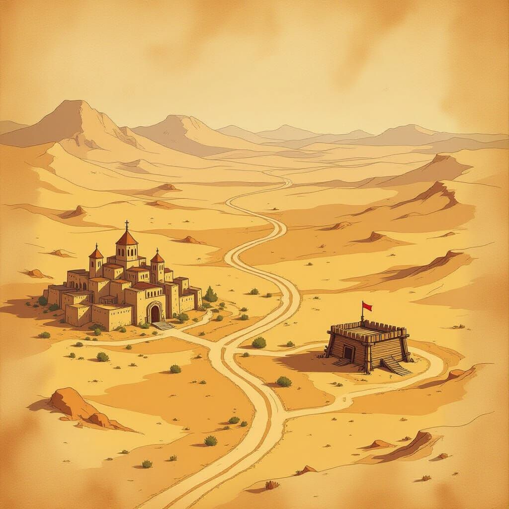 Fantasy Desert Map: Monastic Town & Wooden Fort