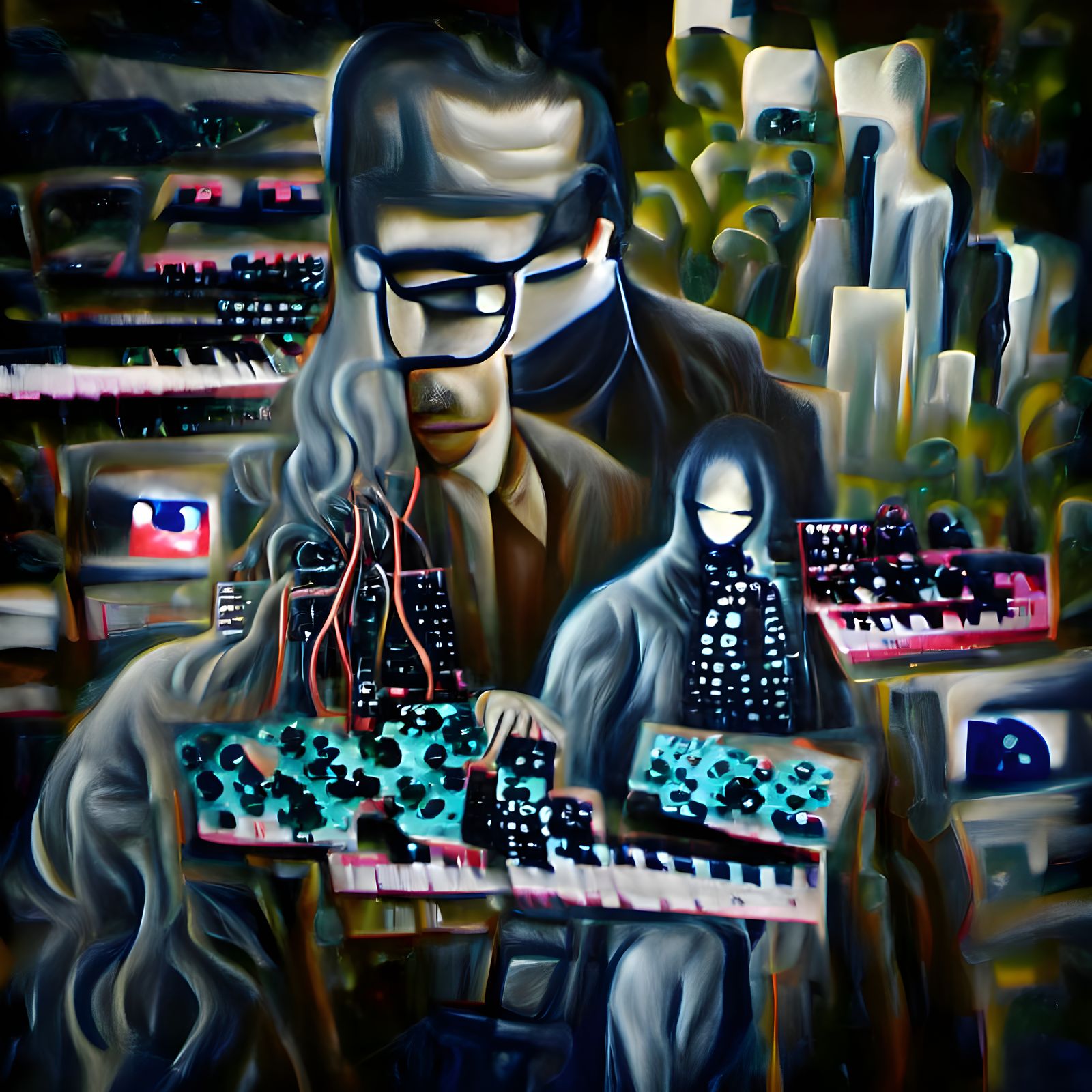 Mysterious man wearing glasses with no face is standing in front of his intricately crafted and infinitely beautiful mod...