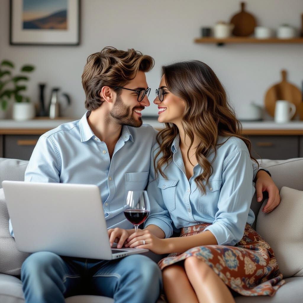 Passionate Kiss in Cozy Apartment: Digital Art