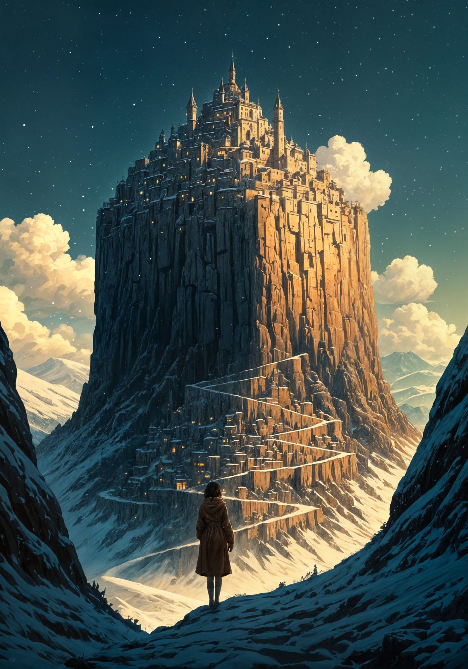 Glowing City on a Snowy Mountain Peak